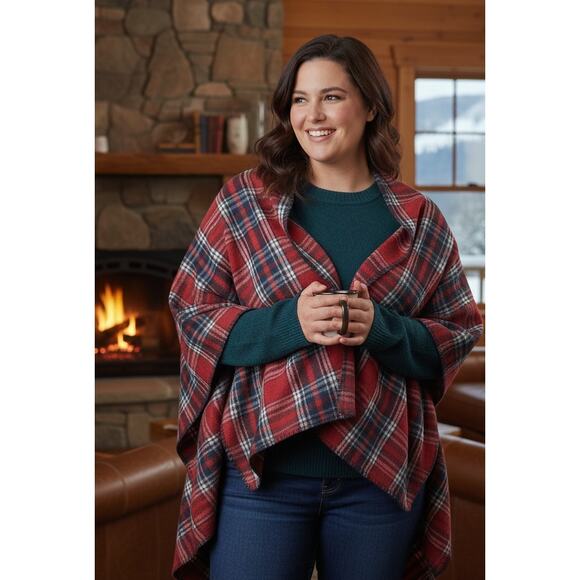 Woolrich One Size Red/ Blue Plaid Lagenlook Blanket Shawl Poncho Wrap - Picture 1 of 5